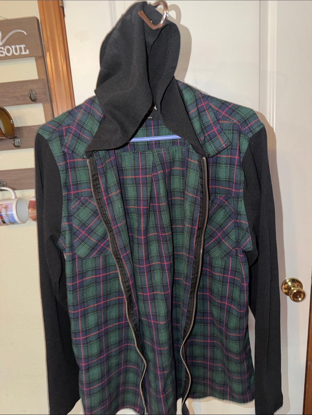 Carbon Green Plaid Hooded Utility Jacket with Black Sleeves